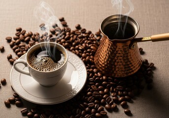 Traditional Turkish Coffee Set on Ornate Copper Tray &mdash; Top-Down