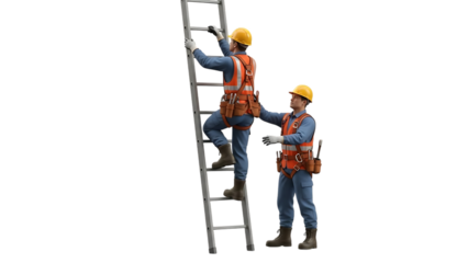 Two construction workers in safety gear on a ladder isolated on a black background