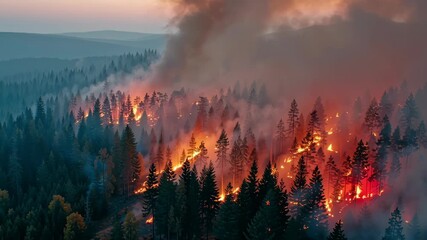 Aerial view of forest wildfire burning at sunset concept. Wildfire forest smoke flames engulfing remote trees under vast drifting clouds.