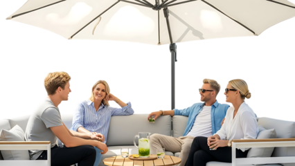 A group of friends enjoying a pleasant summer day on an outdoor patio sofa under a large umbrella