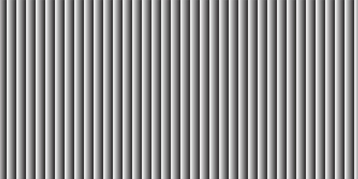 Patterned ribbed metal background with wall panel and white glass roof. Iron and plastic texture with zinc steel sheet and corrugated coating. 3D silver facade with frosted reed metal glowing effect.