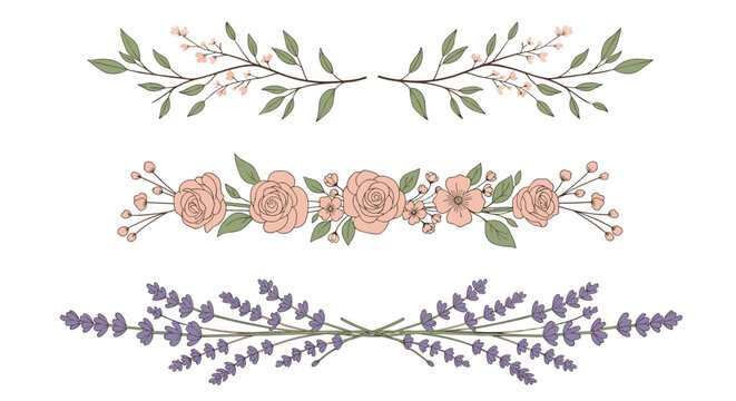 Set of three elegant floral dividers with delicate branches, pink roses, and purple lavender, featuring a charming hand-drawn style. - Powered by Adobe