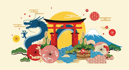Vibrant collage of iconic Japanese symbols including a torii gate, Mount Fuji, a dragon, and parasols, celebrating Japanese culture.