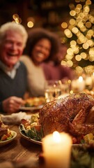 Family Gathering at Christmas Dinner with Roasted Turkey Centerpiece