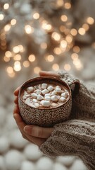 Warm Hands Holding a Cozy Mug of Hot Chocolate and Marshmallows