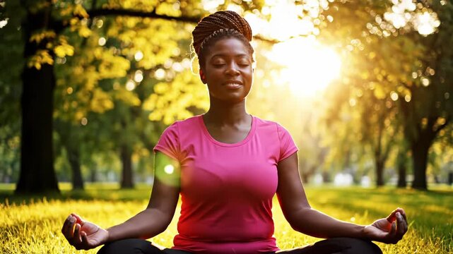Woman practicing meditation outdoors during sunset in a peaceful park setting
