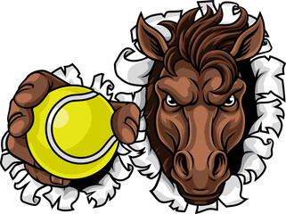 Horse mustang bronco stallion angry tennis sports team mascot holding a ball.