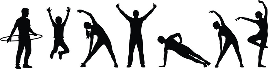 Fitness and dance silhouette vector set showing people exercising, stretching, jumping, balancing, and performing various athletic poses