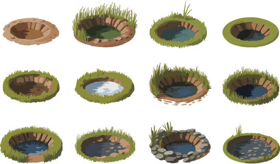 Isometric Puddles and Small Ponds with Grass and Rocks Keywords: puddle, pond, water, hole, pit
