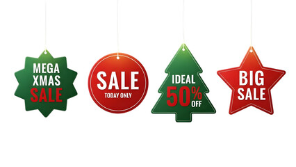 Christmas sale signs with 50 percent off text on green and red shapes hanging on transparent background