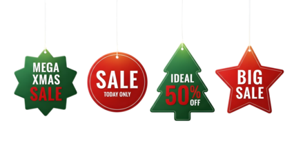 Christmas sale signs with 50 percent off text on green and red shapes hanging on transparent background