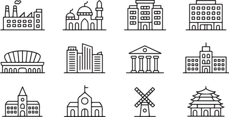 Building line icons set with editable stroke, featuring factory, mosque, apartment, stadium, museum, school, university, mill, linear illustration.