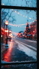 Frosty Window View with Holiday Lights and Snowy Street Scene