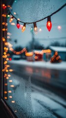Frosty Window View with Colorful Lights During Winter Season