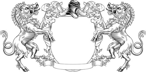 Boars coat of arms or crest family heraldry medieval heraldic knight shield with helmet and acanthus filigree scroll ornament in a vintage woodcut style.