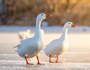 Obraz premium Two white geese, with orange beaks and feet, stand on a frozen, icy surface. The background is blurred sunlight