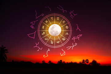 Zodiac signs and astrology with constellations, concepts, predictions, horoscopes, beliefs