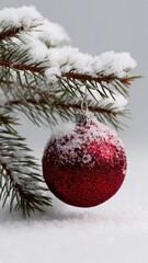 Red Christmas Ornament Hanging on Snow-Covered Pine Branch