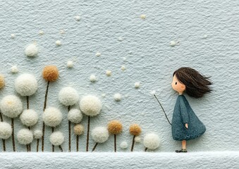 Little girl blowing dandelion in dreamy watercolor fantasy illustration