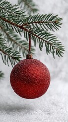 Beautiful Red Christmas Ornament Hanging on Pine Branch with Snow