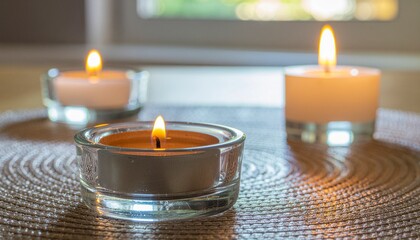 Warm golden glow of three lit tea light candles illuminating a cozy home interior with soft shadows, creating an intimate and tranquil atmosphere.