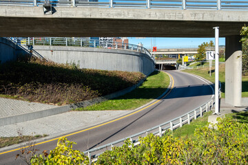 Urban transport infrastructure with modern road interchange in Oslo city, highlighting mobility systems, europe context and contemporary engineering design