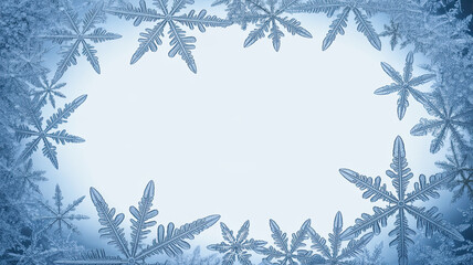 Frosted snowflakes create a delicate border around a soft blue background, evoking a serene winter atmosphere with ample copy space for text or design elements