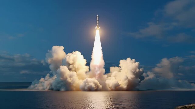 A powerful rocket launches from an ocean platform, leaving behind massive clouds of smoke and fire, captured dramatically against a bright sky, exploration, aerospace technology, and human ambition.