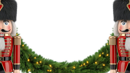 Nutcracker soldiers with festive green garland and twinkling lights create a cheerful holiday atmosphere, perfect for seasonal decorations and celebrations with copy space for text