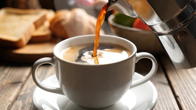 Pouring Coffee into Cup on Wooden Table Breakfast Scene