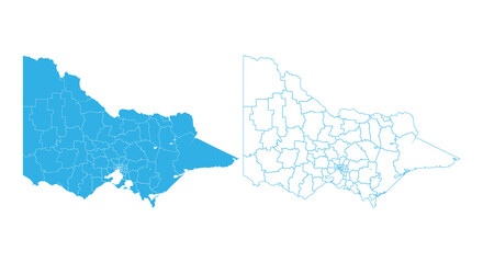 Detailed blue vector map set of Victoria Australia showing regions and boundary lines