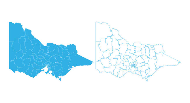 Detailed blue vector map set of Victoria Australia showing regions and boundary lines