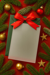 Blank frosted acrylic sheet with red bow and festive decorations for holiday greeting cards
