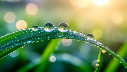 Macro view of dew drops on a blade of grass reflecting the surrounding nature and bathed in warm morning sunlight, creating a serene natural scene.