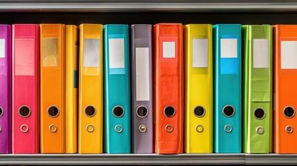 Row of brightly colored presentation binders neatly organized on a shelf