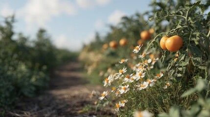 Field of tomato plants with bright orange tomatoes growing on their stems. the tomatoes are ripe and ready to be picked.