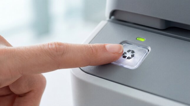Close-up of a finger pressing the green recycle button, indicating an eco-friendly and sustainable printing practice. 