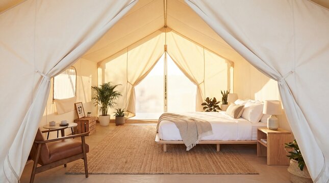 Luxurious tent interior, spacious tent, modern design for a glamping experience. Capturing a cozy bedroom inside a large tent and feeling peaceful.