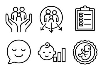 Family planning icons: parenthood, family growth, communication, baby, fetus, healthcare symbols