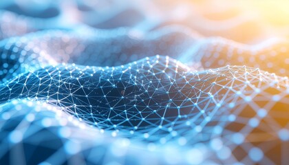 Abstract digital network visualization with glowing interconnected points and lines, depicting data flow and technological connections in a dynamic virtual space.