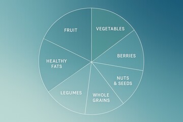 Balanced nutrition diagram illustrating healthy food categories like fruits, vegetables, nuts, and whole grains promoting wellness and diverse dietary choices in modern lifestyles