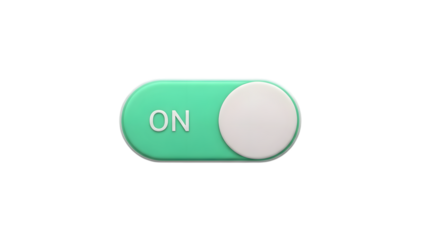 Green toggle switch button with on label isolated on transparent background