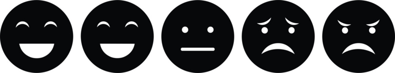 Simple emoticon face illustration set featuring happy, neutral, sad, angry expressions for feedback, rating, mood, and communication design