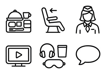 Airplane travel essentials icons - flight attendant seat food entertainment items
