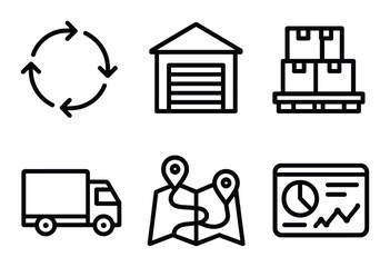 Supply chain icons: warehouse, delivery truck, packages, map, recycling, data chart
