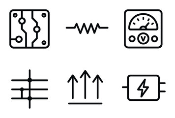 Set of electrical icons with circuit, resistor, and voltmeter symbols