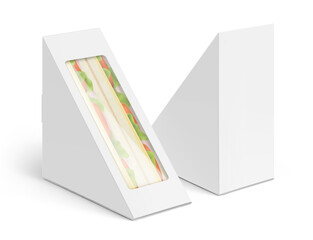 Triangular sandwich box packaging mockup. Vector illustration isolated on white background. Half side view. Can be use for template your design, presentation, promo, ad. EPS10.