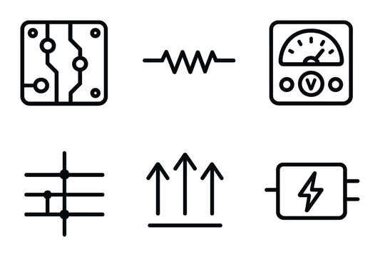 Set of electrical icons with circuit, resistor, and voltmeter symbols