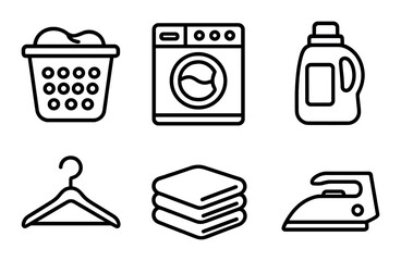Laundry icons: washing machine, basket, detergent, hanger, folded clothes, iron
