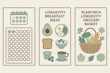 Healthy Longevity Breakfast Ideas Featuring Plant Rich Grocery Basket with Avocado, Eggs, and Blueberries to Promote Lifelong Wellness and Vitality